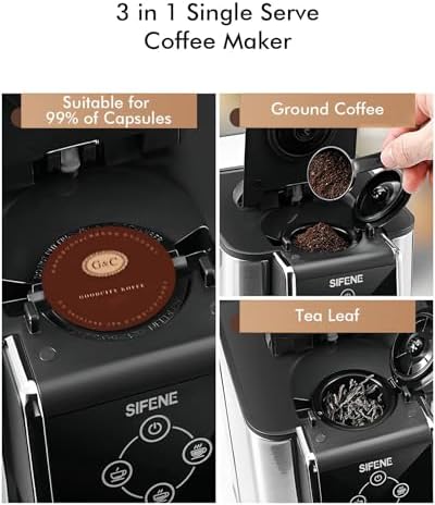 SIFENE Single Serve Coffee Maker, 3-in-1 Quick Brew for Coffee Pods, Ground Coffee, & Loose Tea, 6-12oz Cup Sizes, 50oz Removable Water Tank, 1150W, Compact, Black - Image 2