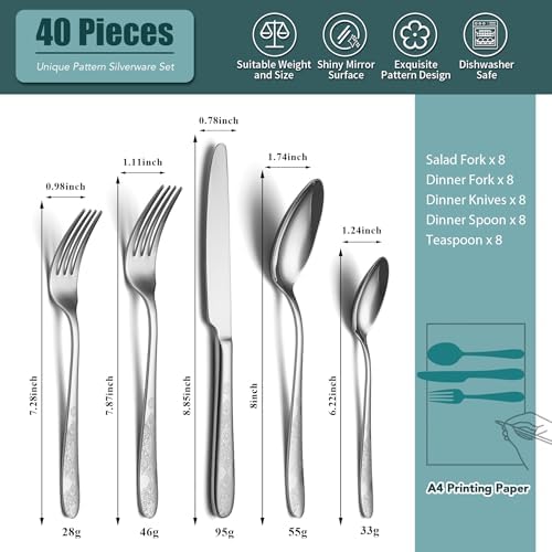 40 Piece Flatware Set, Service for 8, EIUBUIE Premium Stainless Steel Cutlery Set, Mirror Polished Silverware Sets with Pattern Handle, Modern Kitchen Eating Utensils Sets - Image 2