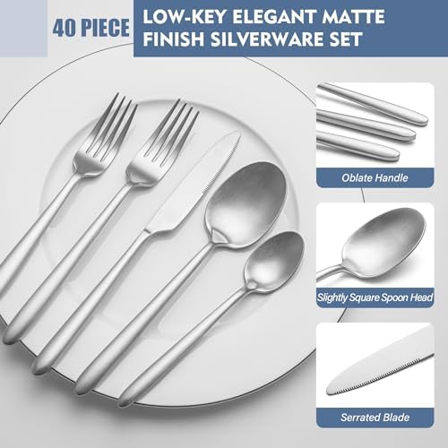 Heavy Duty Silverware Set, EIUBUIE 40-Piece Premium Stainless Steel Flatware Sets For 8, Matte Brushed Finish Cutlery Tableware Modern Kitchen Utensils Set for Home Restaurant, Dishwasher Safe - Image 2
