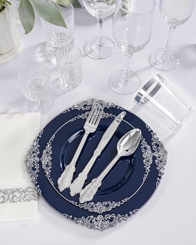 Hioasis 175pcs Blue and Silver Plastic Plates 10.25" - Image 4
