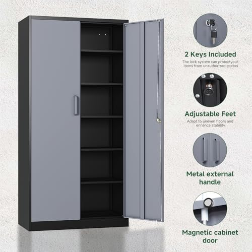 Letaya Metal Storage Cabinet with Lock Door and 5 Shelves,6 Tier Steel Garage Tool Cabinet for Home Office Utility Room 72" H X 36" W X18 D (Black Gray) - Image 5
