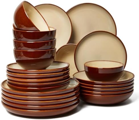 Pokini Stoneware Dinnerware Sets for 6, 24pcs Plates and Bowls Sets Dishes by Pokini