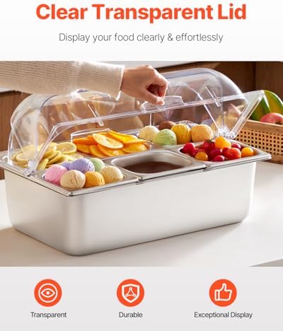 VEVOR Countertop Food Serving Display Container, 6 Pan Stainless Steel Food Serving Tray, Buffet Condiment Dispenser Display Rack with Clear Lid & 3 Freezer Boxes, for Restaurant Hotel Kitchen Party - Image 3