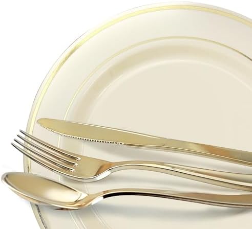 OCCASIONS 80 Plates Pack,(40 Guests) Heavyweight Premium Wedding Party Disposable Plastic Plates Set -40 x 10.5'' Dinner + 40 x 7.5'' Salad/Dessert (Ivory & Gold Rim) - Image 7