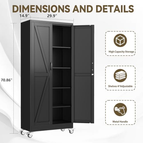 Metal Storage Cabinets with Wheels, Steel Tool Cabinets Lock Door and 4 Adjustable Shelves for Home Office, Garage, Kitchen (Black, 70.9" H) - Image 2