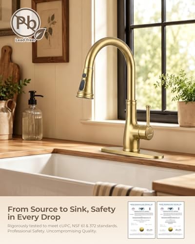 WEWE Vintage Kitchen Faucet, Pull-Down Sprayer, Brushed Gold, High Arc - Image 5