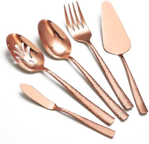 Large Hostess Serving Utensils Set, Stainless Steel Heavy Duty Hammered Serving spoons, Slotted Spoons, Serving Fork, Cake Server, Butter Knife, Dishwasher Safe（Rose Gold） by Remoxye