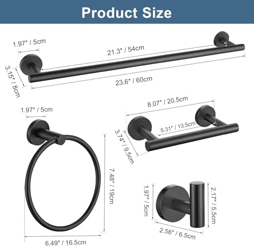 5 Pieces Matte Black Bathroom Hardware Accessories Set, Bathroom 23.6 Inch Towel Bar Set Stainless Steel Toilet Paper Holder Round Towel Racks for Bathroom Wall Mounted - Image 6
