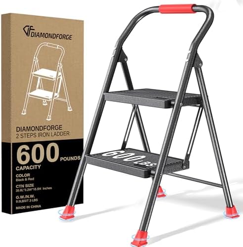 Step Ladder Foldable Folding Stool - for Home Adults Kitchen 2 Stepping Extension Tall Heavy Duty with Handrails - Closet Stepstool Stair Ladders Extendable Stepladder for Indoor House 600Lbs by DIAMONDFORGE