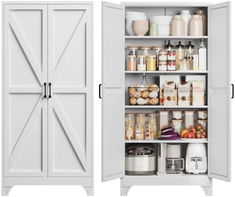 Yizosh 75" White Metal Pantry Storage Cabinet,Garage Tool Storage Cabinets by Yizosh