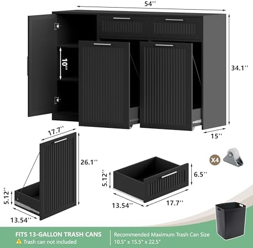 Double 13 Gallon Pull Out Trash Can Cabinet with Storage Cabinet,Black - Image 2