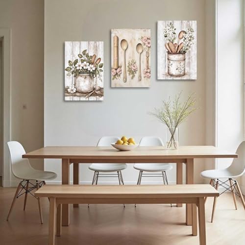 YMXDYMJSW Vintage Kitchen Wall Art 3 Piece Kitchenware Pictures Fork Knife Spoon Floral Canvas Print Farmhouse Floral Tableware Painting for Dining Room Home Decor (Beige, (16.00" x 24.00" x 3PCS)) - Image 4