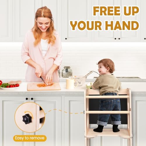 Toddler Standing Tower Anti-Tip Wooden Kitchen Step Stool，Nature - Image 5
