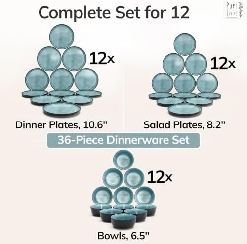 36 Piece Stoneware Dinnerware Set for 12, Handcrafted Plates and Bowls Set - Image 6