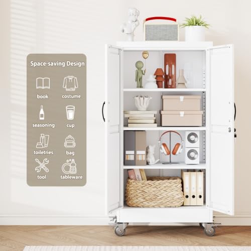 Metal Storage Cabinets with Wheels, Steel Tool Cabinets Lock Door and 3 Adjustable Shelves for Home Office, Garage, Kitchen (White, 47.2" H) - Image 4