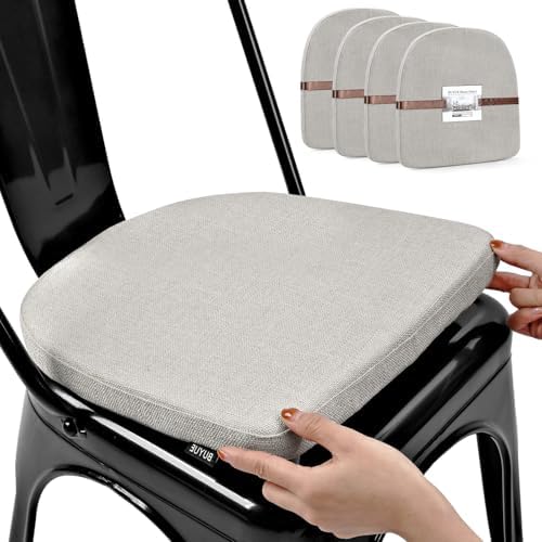 BUYUE Friendly Woven Fabric 14x14 Magnetic Cushions for Metal Chair Set of 4, Enhanced Anti-Slip Seat Pads for Dining Kitchen Café Stackable Chairs (U-Shape, Light Grey, 4 Counts) by BUYUE
