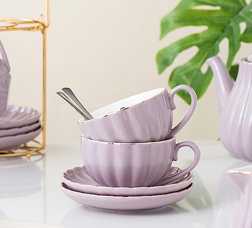 CLAY TONIC-8 OZ Porcelain Purple Coffee/Teacup and Saucer Set with Holder - Image 3