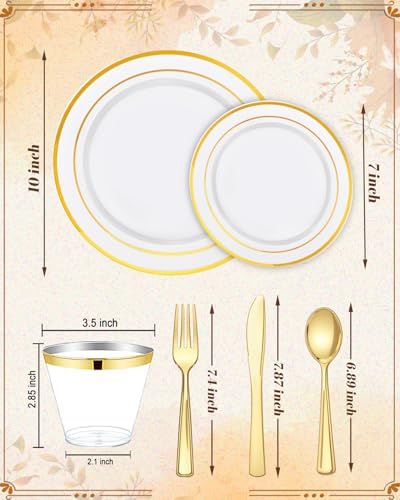 bUCLA 150PCS Gold Plastic Plates Disposable - Heavy Duty Gold Plates Include 25 Dinner & 25 Dessert Plates,25 Forks,25 Knives,25 Spoons&25 Cups for Party, Thanksgiving, Fall Harvest & Autumn - Image 2