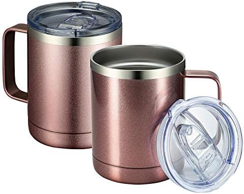 MEWAY 12oz Coffee Mug With Handle 2 Pack Bulk,Stainless Steel Insulated Travel Tumblers With Sliding Lid,Double Wall Vacuum Camping Cup for Hot & Cold Drinks Tea (Rose Gold,Set of 2) by MEWAY