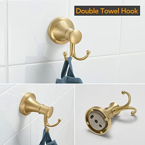 BESy Brushed Gold 4 Piece Bathroom Accessories Set (Single Towel Bar, Towel Ring, Toilet Paper Holder, Double Towel Hooks), Wall Mounted Bath Hardware Accessory Fixtures Set - Image 5