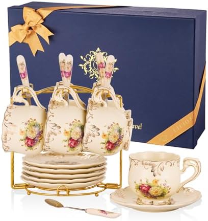 YOLIFE Tea Cups and Saucers Set of 6, 8 OZ Pink Rose(with Gift Box) by YOLIFE