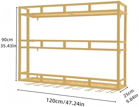 47 Inch Metal Wine Rack Wall Mounted, Bar Shelves for Liquor Bottles with LED Light, 3 Tier Large Capacity Liquor Rack Wall Mounted with Glass Holder for Home Bar & Dining Room, Gold - Image 2