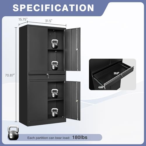 Metal Storage Cabinet with Drawer, Garage Storage Cabinet with Locking Doors and Adjustable Shelves,Tool Steel Cabinet for Garage, Home Office,Warehouse (Black) - Image 3