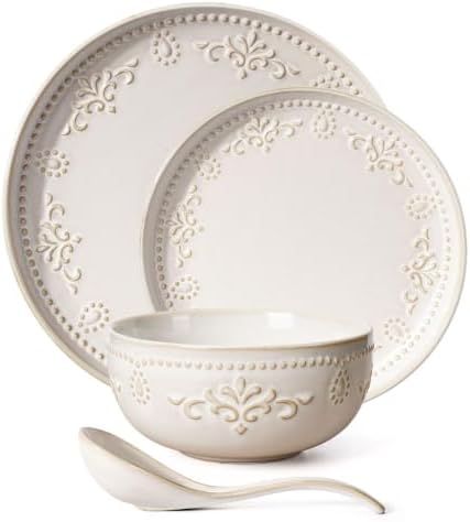 Artena 4-Piece Handcrafted Ceramic Dinnerware Set, Service for 1 – Reactive Glaze Embossed Plates, Bowls & Soup Spoons Included, Dishwasher & Microwave Safe, White, Damask Floral by Artena