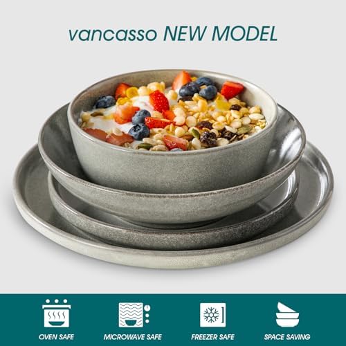 vancasso ANYA 24 Pieces Plates and Bowls Set, Stone Grey Dinnerware Sets, Reactive Glaze Dishes Set for 6, Ceramic Dishware Sets Kitchen Dinner Set, Microwave & Dishwasher Safe - Image 3