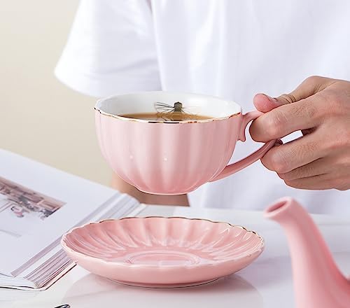 CLAY TONIC- 8 OZ Porcelain Pink Coffee/Teacup and Saucer Set with Holder - Image 5