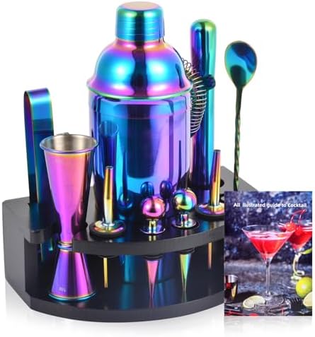 Safring Bartender Kit with Stand, 12-Piece Bar Set | 24oz Cocktail Shaker Set for Drink Mixing, Martini Shaker Set with Bar Tools, Recipes Booklet | Fun Housewarming Gift (Rainbow) by Safring