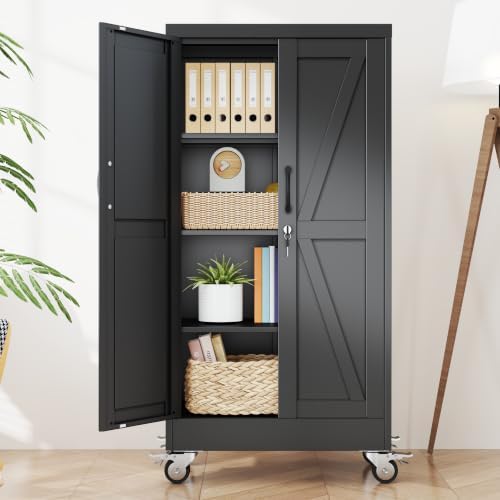 Metal Storage Cabinets with Wheels, Steel Tool Cabinets Lock Door and 3 Adjustable Shelves for Home Office, Garage, Kitchen (Black, 47.2" H) by Unknown