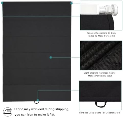 Changshade No Drill Roman Shades Cordless Blinds Blackout for Indoor Windows, Room Darkening Black Out Tension Rod No Hardware No Tools Inside Mount, Shade Size 20 Inches Wide 50 Inches High, Black - Image 5