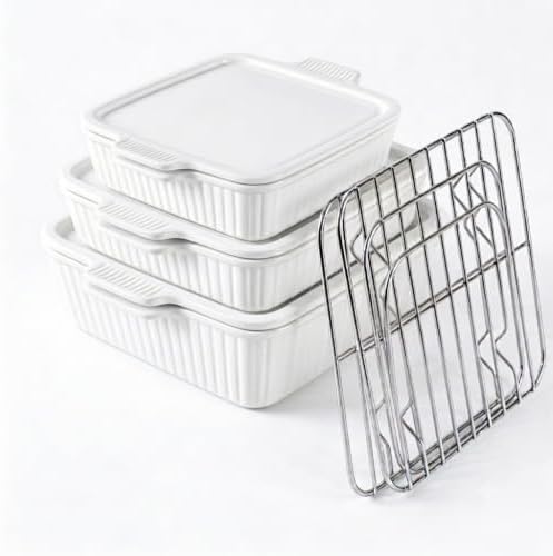 3‑Pcs Baking Dish Set with Lid & Grill Racks, Stackable Bakeware by Unknown