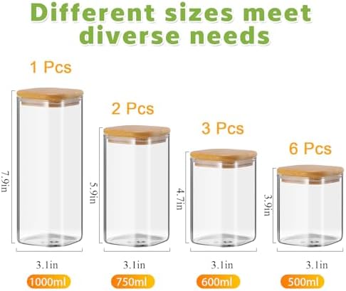 Qinyoung 12 Pcs Glass Storage Jars Airtight Bamboo Lids Glass Food Containers, 4 Sizes (0.5/0.6/0.8/1 Qt) Clear Square Pantry Organization Stackable for Pasta Candy Cookie Kitchen Food Cereal Coffee - Image 2