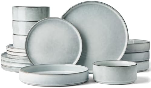 Famiware Annecy 16-Piece Dinnerware Set with Pasta Bowls, Grey Blue by Famiware