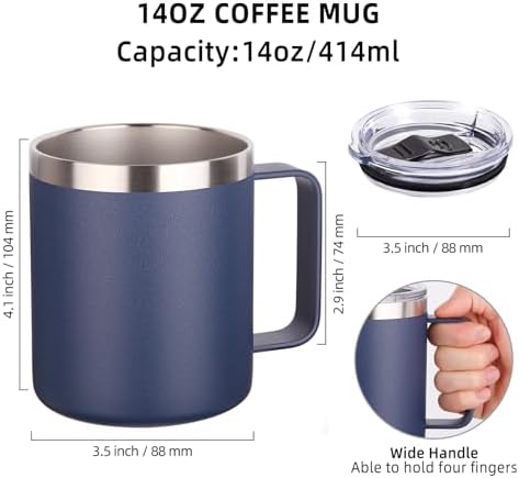Volhoply 14oz Insulated Stainless Steel Coffee Mug with Lid Bulk 2 Pack,Double Wall Vacuum Travel Coffee Cup with Handle,Reusable Metal Cups Tumbler,Camping Mugs Keep Hot,Ideal Gifts(Navy,2) - Image 2