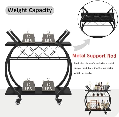 LVB Black Bar Cart with Wheels, Industrial Wine Cart with Storage for Home - Image 4