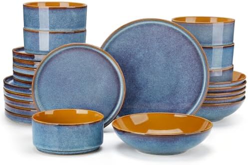 ONION Ceramic Plates and Bowls Sets for 6, 24 Pieces Stoneware Dinnerware Sets for Kitchen, Reactive Glaze Dish Set, Dishwasher and Microwave Safe, Blue by vancasso