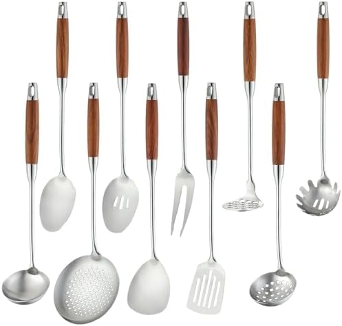 Izurok 18/10 Stainless Steel Kitchen Utensils Set,10 Piece Cooking Utensils With Wood Handle,Heat Resistant Kitchen Tool Set With Spatula,Spoon,Ladle,Skimmer,Slotted Turners,Pasta,Turner,Ladl,Fork by IzurokBuynow