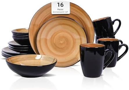 HomeVss, Stoneware Sonoma 16pc Dinnerware Set, Black + Speckled Spin Wash Mocha by HomeVSS
