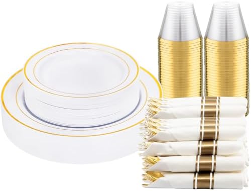 DaYammi 210PCS Gold Plastic Dinnerware Set for 30 Guests by DaYammiwillaccompanyyou