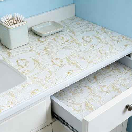 Shelf Liners Thickened Non-Slip Non Adhesive Light Base Gold Lotus Pattern - Image 2