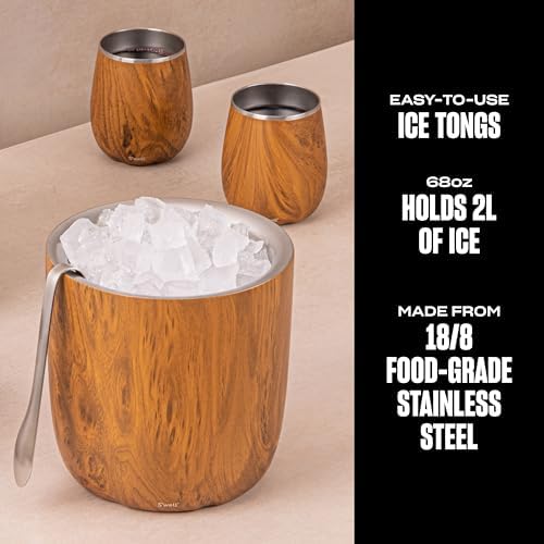 S’well Stainless Steel Ice Bucket with Tongs, 68oz Capacity, Teakwood Pattern Finish, Triple-Layer Vacuum Insulated to Keep Ice Colder Longer, BPA-Free Barware - Image 2