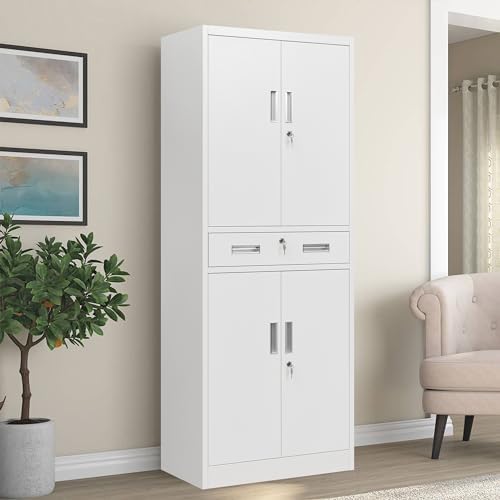 CJF 71" H Tall Metal Storage Cabinet with Drawer, Locking Garage Cabinet with 2 Adjustable Shelves, Heavy-Duty Tool File Storage Cabinets for Home Office, Kitchen, Warehouse, Shop (White) - Image 6