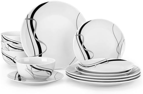 VEWEET Porcelain Dinnerware Sets for 4, 12 Piece Plates Bowls Set, FIONA by VEWEET