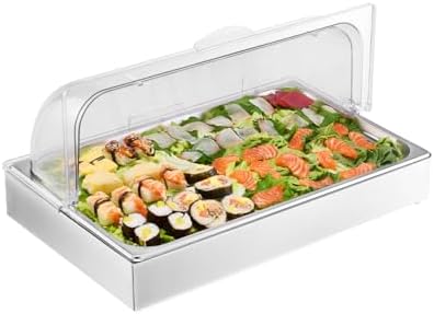 VEVOR Countertop Food Serving Display Container, 1 x 1 Pan Stainless Steel Food Serving Tray, Buffet Condiment Dispenser Display Rack with Clear Lid & 3 Ice Trays, for Restaurant Hotel Kitchen Party by VEVOR