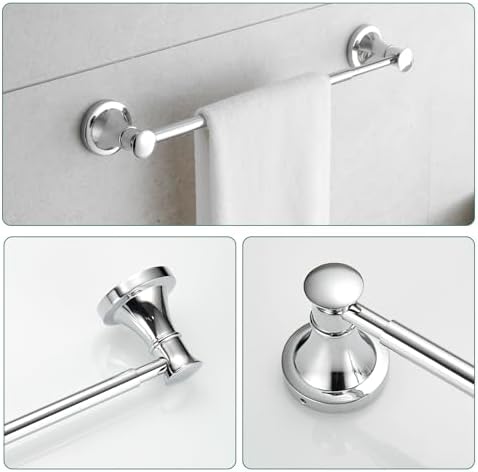 Hoimpro Chrome 4-Piece Bathroom Bath Set, Wall Mount Bathroom Hardware Fixture (Adjustable Towel Bar Rack, Towel Ring Holder, Paper Towel Holder, Double Towel Hook), Bathroom Accessories - Image 3