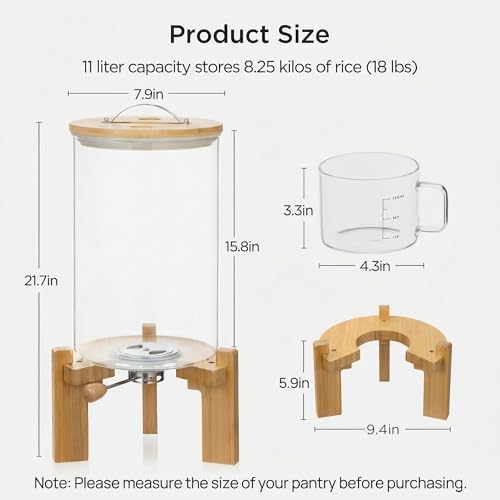 HBlife 18-22 Lbs Glass Rice Dispenser with Wooden Stand Flour and Cereal Container with Glass Measuring Cup Pantry Food Organization Storage Bin with Airtight Bamboo Lid, 11L - Image 2