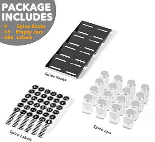 SpaceAid Spice Drawer Organizer with 16 Spice Jars, 386 Spice Labels, 4 Tier Seasoning Rack Tray Insert for Kitchen Drawers, 7.5" Wide x 17.5" Deep - Image 5